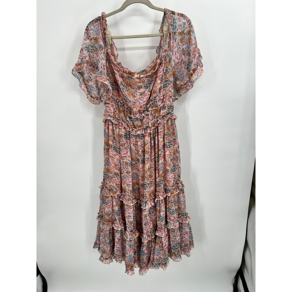 Love The Label Floral Tiered Ruffle Midi Dress Pink Multi Chiffon S LSSP19-6217